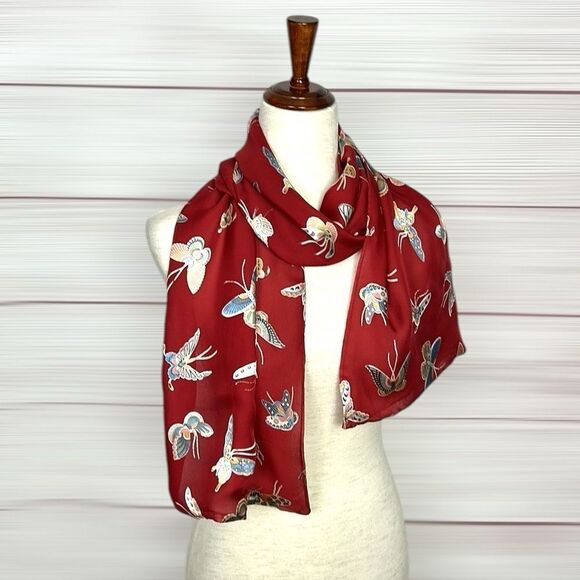 Metropolitan Museum of Art Silk Red Doubled Scarf Butterflies Print Italy - Picture 3 of 12